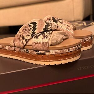 Vince Camuto Cream and Tan Snake Print Sandals
